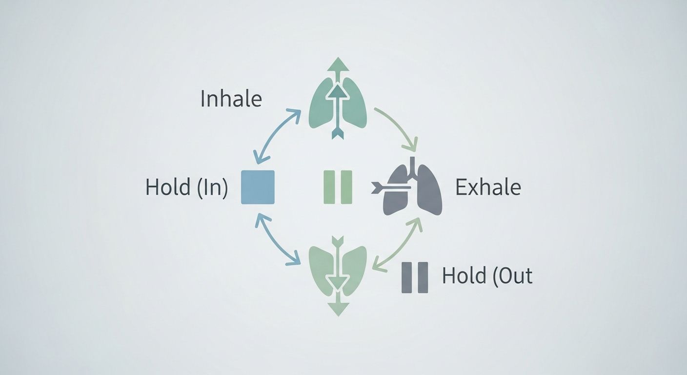 Una infografía clara y estéticamente agradable que ilustra los cuatro pasos de la técnica de "respiración cuadrada" o box breathing. Cada paso (inhalar, sostener, exhalar, sostener) se muestra con un ícono simple y el texto "cuenta hasta 4".