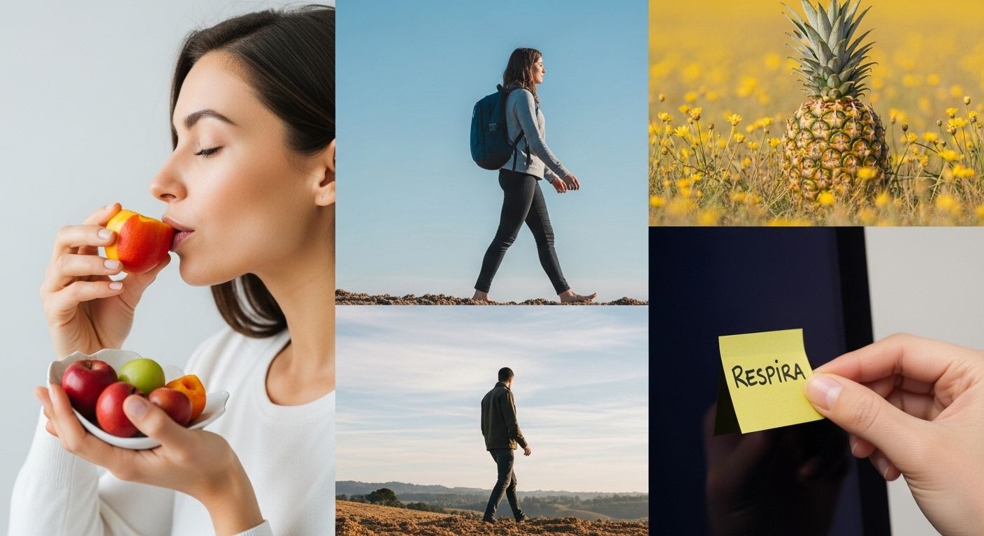 Una imagen vibrante y atractiva que muestra diferentes escenarios de mindfulness en la vida diaria: una persona saboreando una fruta colorida, otra caminando descalza sobre la hierba, y una mano colocando una nota adhesiva que dice "Respira" en un monitor de ordenador.