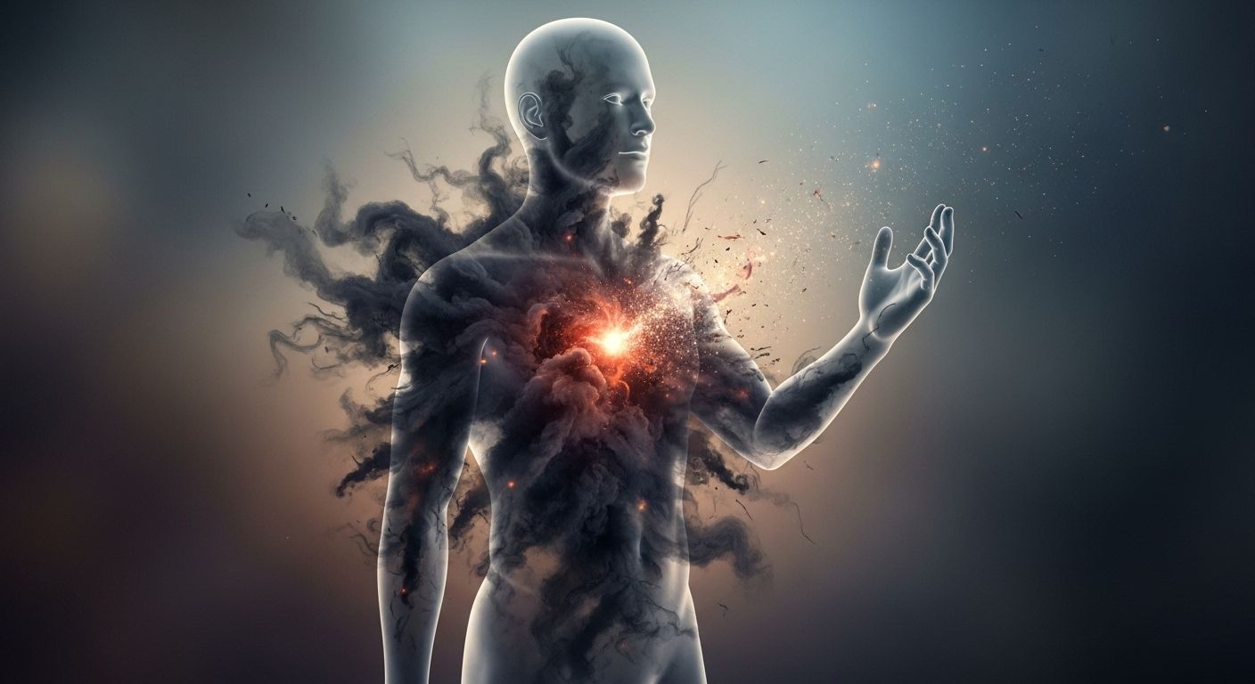 Una ilustración conceptual que muestra una figura humana transparente. Dentro de ella, se arremolina una energía oscura y densa (el cuerpo del dolor). La figura tiene una mano levantada, observando esta energía con una expresión de calma y conciencia, no de miedo. La luz de la conciencia empieza a disolver la oscuridad.