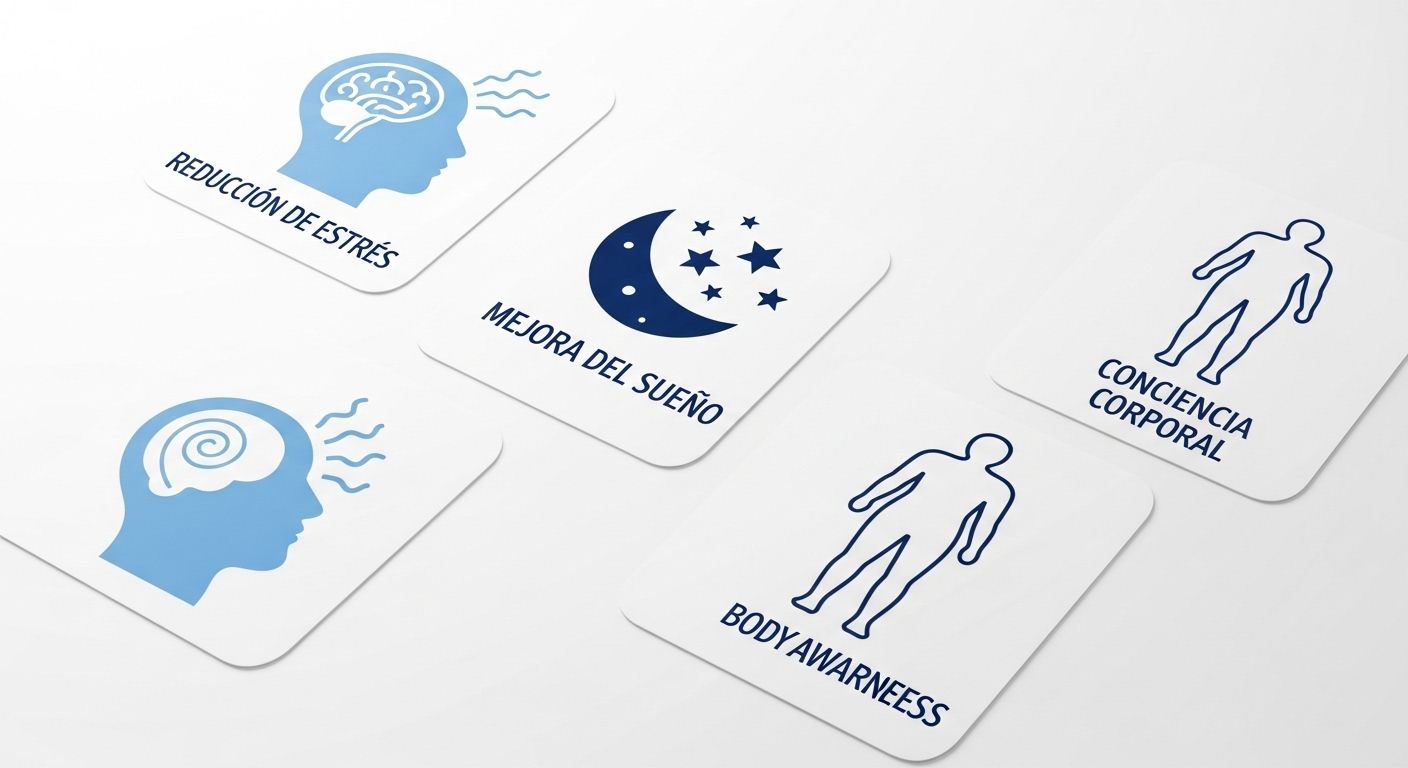 Una infografía atractiva y clara que resume los principales beneficios del Body Scan. Utilizar iconos simples y texto conciso para cada beneficio: reducción de estrés (un cerebro tranquilo), mejora del sueño (una luna y estrellas), conciencia corporal (la silueta de una persona con puntos de atención), manejo del dolor (un corazón con una tirita) y bienestar emocional (una cara sonriente).
