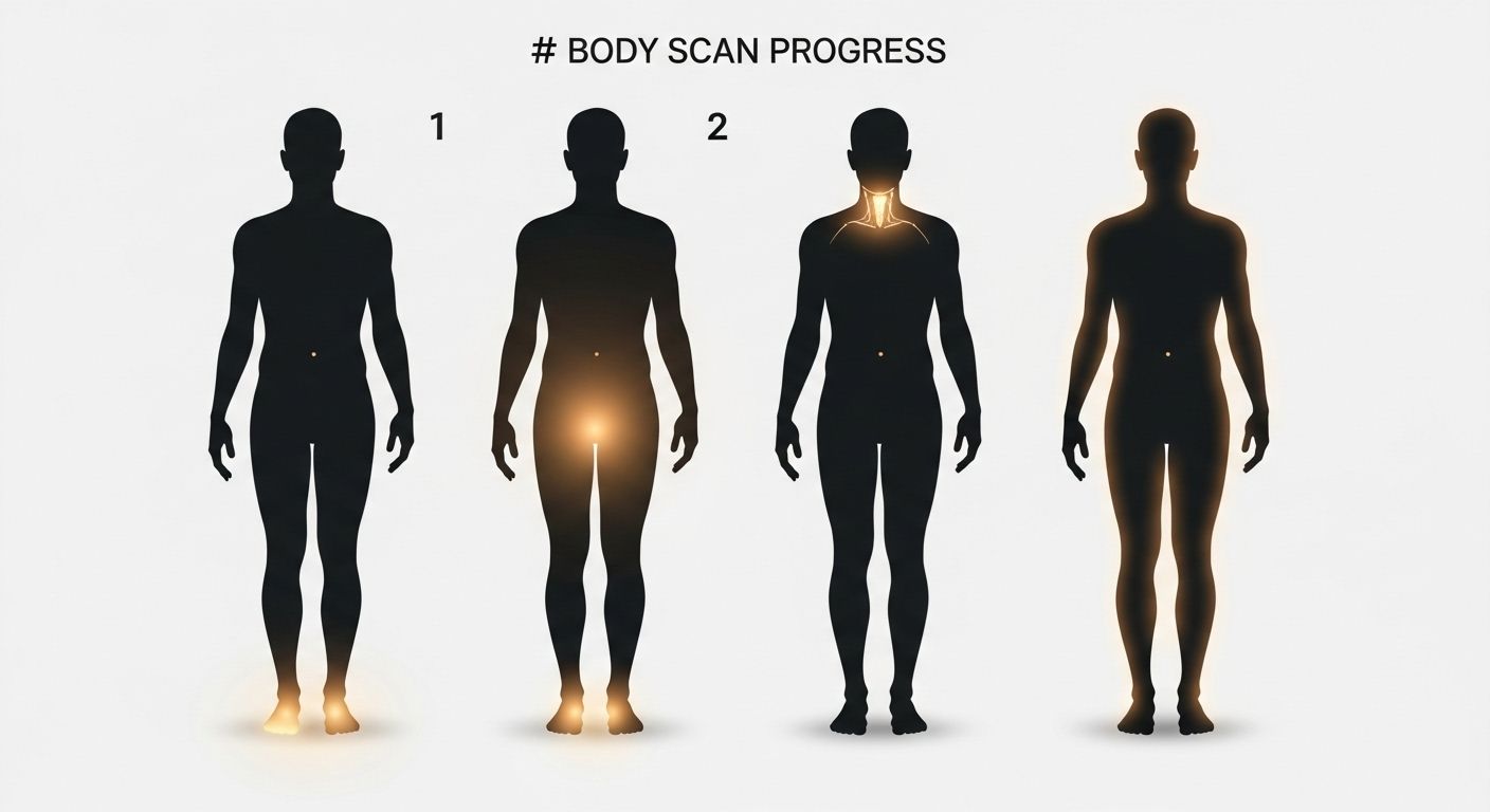 Una serie de 3-4 ilustraciones de siluetas humanas que muestran el progreso del Body Scan. La primera silueta tiene los pies resaltados, la segunda el torso, la tercera la cabeza, y la cuarta toda la silueta iluminada para representar la integración final. El estilo debe ser limpio y moderno.