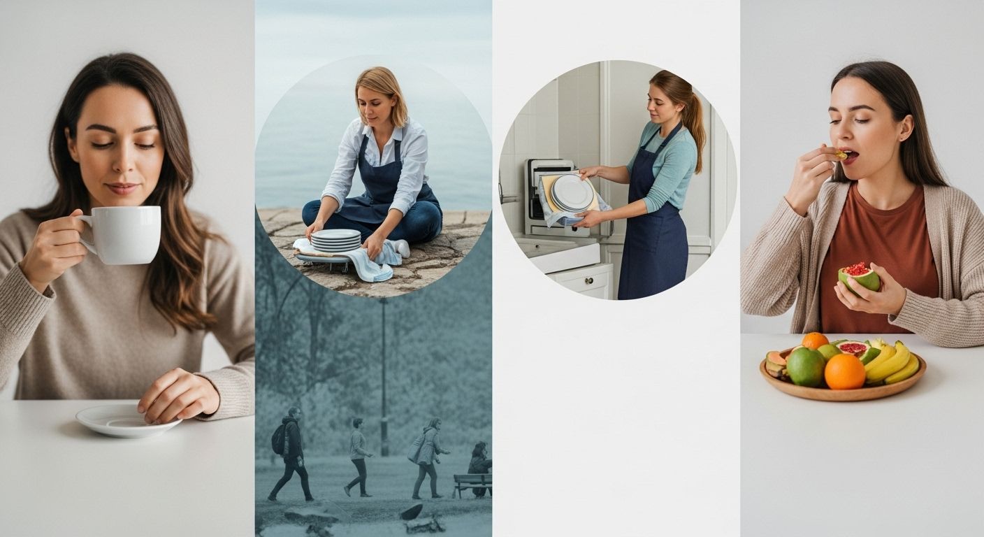 Una serie de cuatro íconos estilizados que representan diferentes actividades diarias: una persona bebiendo una taza de té, otra lavando platos, alguien caminando por un parque y una persona comiendo una fruta. Cada ícono debe tener un estilo limpio y moderno, sugiriendo la integración del mindfulness en la rutina diaria.