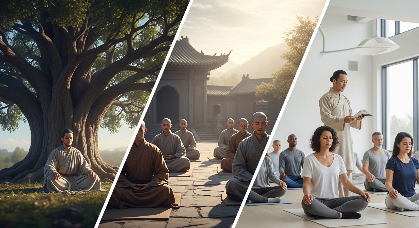 Una ilustración de estilo antiguo que muestra una línea de tiempo, comenzando con una figura similar a Buda bajo el árbol Bodhi, pasando por antiguos monjes birmanos, hasta llegar a S.N. Goenka enseñando a un grupo diverso de personas modernas, simbolizando la transmisión de la técnica a lo largo de la historia.