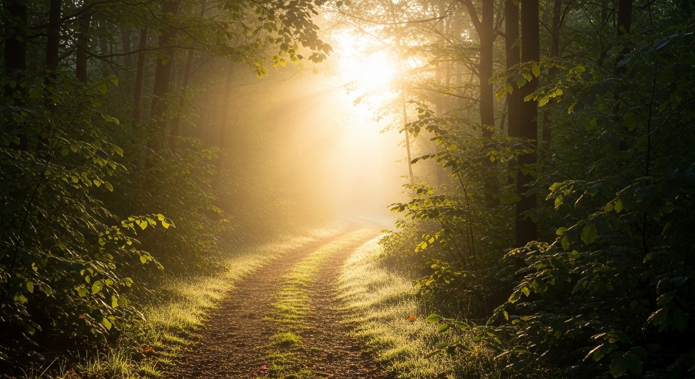 Una imagen inspiradora de un camino que se extiende hacia un horizonte brumoso y luminoso, simbolizando el viaje personal de autodescubrimiento y la claridad que se puede alcanzar a través de la práctica de Vipassana.