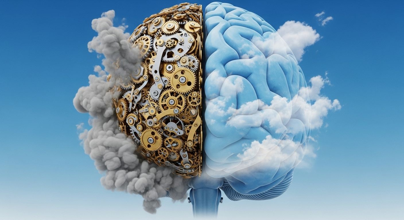 Una imagen conceptual que muestra un cerebro humano estilizado. La mitad del cerebro está llena de engranajes y nubes de tormenta, representando el estrés y el pensamiento caótico. La otra mitad es un cielo azul claro y sereno, mostrando la transición hacia la claridad mental que ofrece el mindfulness.
