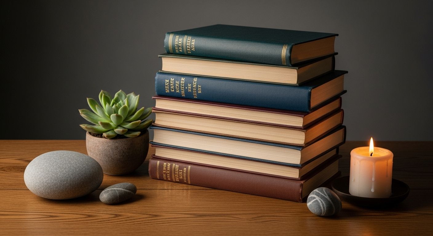 Una composición de varios de los libros mencionados, apilados de forma artística sobre una mesa de madera rústica. Alrededor de los libros hay elementos naturales como una pequeña planta en una maceta, una piedra lisa y una vela encendida, creando una atmósfera de estudio y práctica.