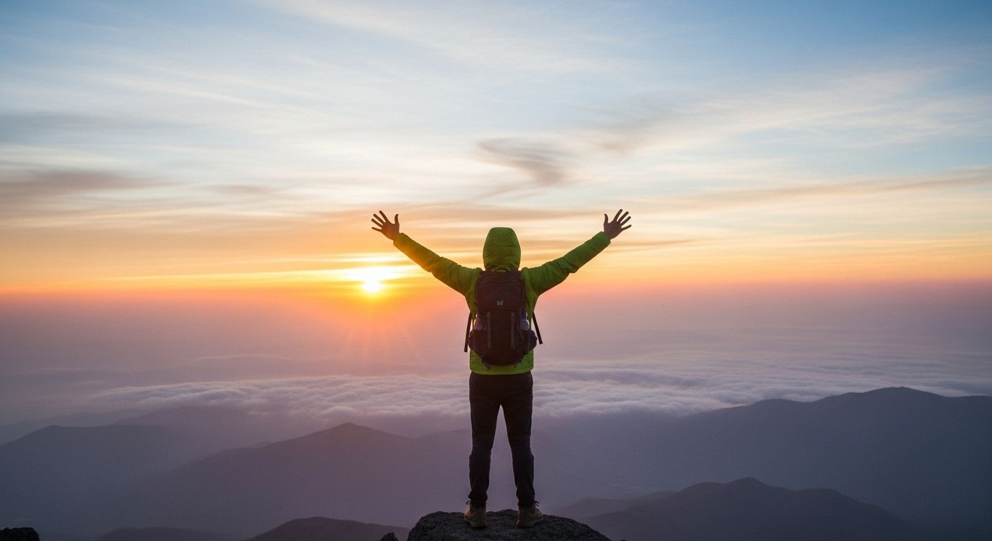 Una persona de espaldas mirando un hermoso amanecer desde la cima de una montaña. La imagen transmite una sensación de paz, logro y una nueva perspectiva, simbolizando la transformación que el mindfulness puede traer a la vida.