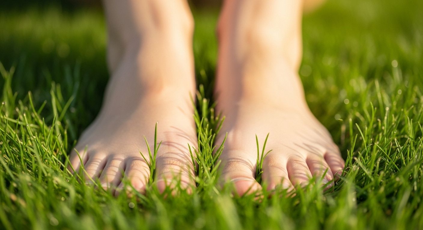 Un primer plano de los pies de una persona descalza sobre la hierba, con el resto del cuerpo desenfocado al fondo. La imagen transmite una sensación de conexión a tierra, calma y atención al momento presente.