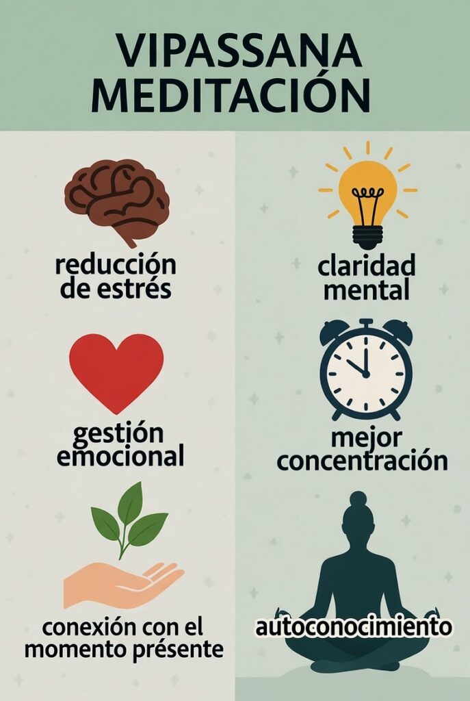 Una infografía visualmente atractiva que destaca los principales beneficios de la meditación Vipassana. Utiliza íconos simples para representar cada beneficio: un cerebro tranquilo para "reducción de estrés", una bombilla para "claridad mental", un corazón para "gestión emocional", etc.