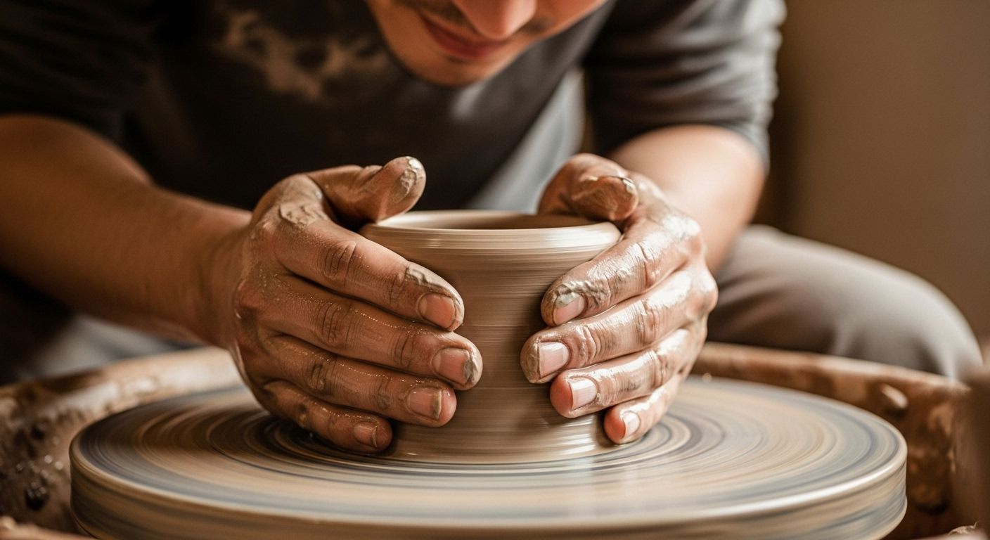 Una imagen vibrante que muestra un primer plano de las manos de un alfarero moldeando arcilla en un torno. La imagen debe capturar la concentración intensa en el rostro del artesano y el movimiento fluido de sus manos, simbolizando la total inmersión en una actividad presente.