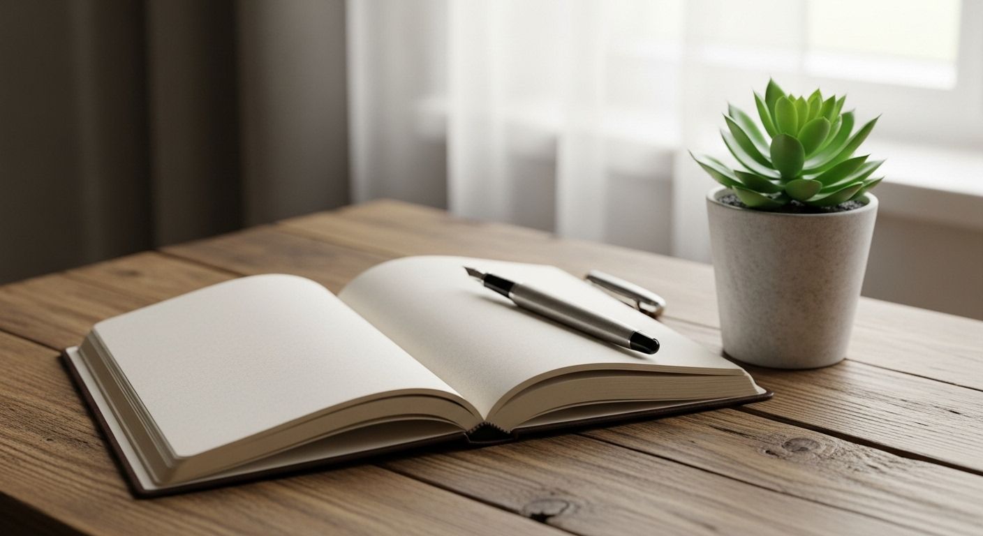 Una imagen minimalista y limpia que muestra un diario abierto y una pluma estilográfica sobre una mesa de madera rústica. Al lado, una pequeña planta en una maceta. La luz natural entra por una ventana cercana, iluminando la escena y evocando una sensación de reflexión y gratitud.