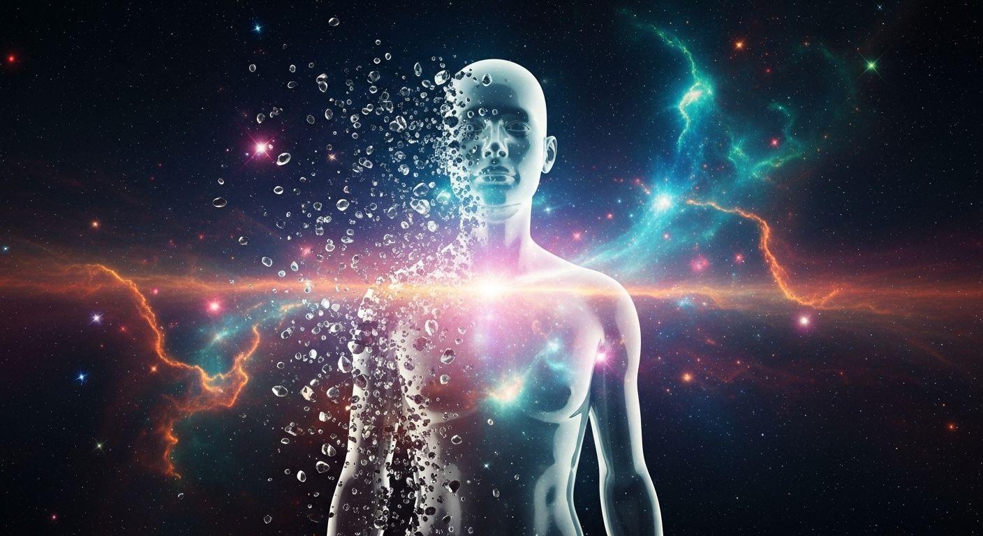 Una imagen abstracta y artística que representa el concepto de no-dualidad. Una silueta humana se disuelve suavemente en un paisaje cósmico vibrante, con estrellas, nebulosas y patrones naturales como las ondas del agua o las vetas de la madera. Los colores son profundos y armoniosos, evocando un sentimiento de unidad y paz.