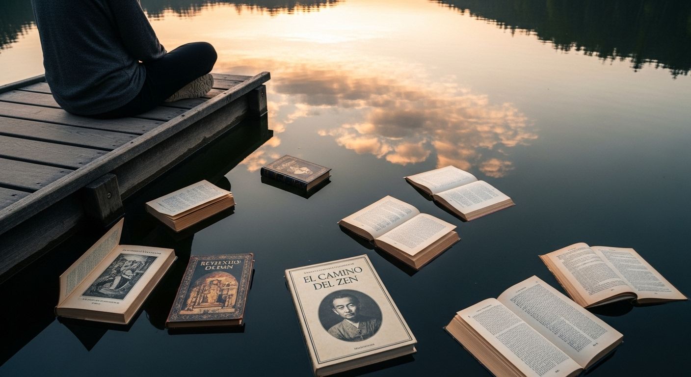 Una escena serena y contemplativa. Una persona está sentada en un muelle de madera junto a un lago tranquilo al amanecer. En el agua se reflejan las nubes y los colores suaves del cielo. Sobre el agua, flotan varios libros antiguos, entre ellos uno con el título "El Camino del Zen" claramente visible. La imagen evoca paz, reflexión y el estudio de la sabiduría.