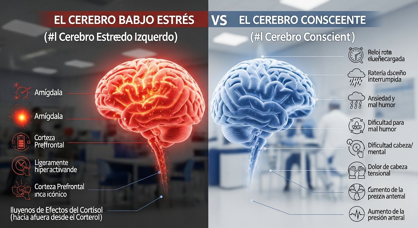 Una infografía visualmente atractiva que compara un cerebro estresado (con áreas como la amígdala en rojo brillante) con un cerebro "mindful" (con mayor actividad en la corteza prefrontal en azul y una amígdala más calmada). La infografía utiliza iconos simples para listar los efectos del cortisol vs. los beneficios de la práctica de mindfulness.