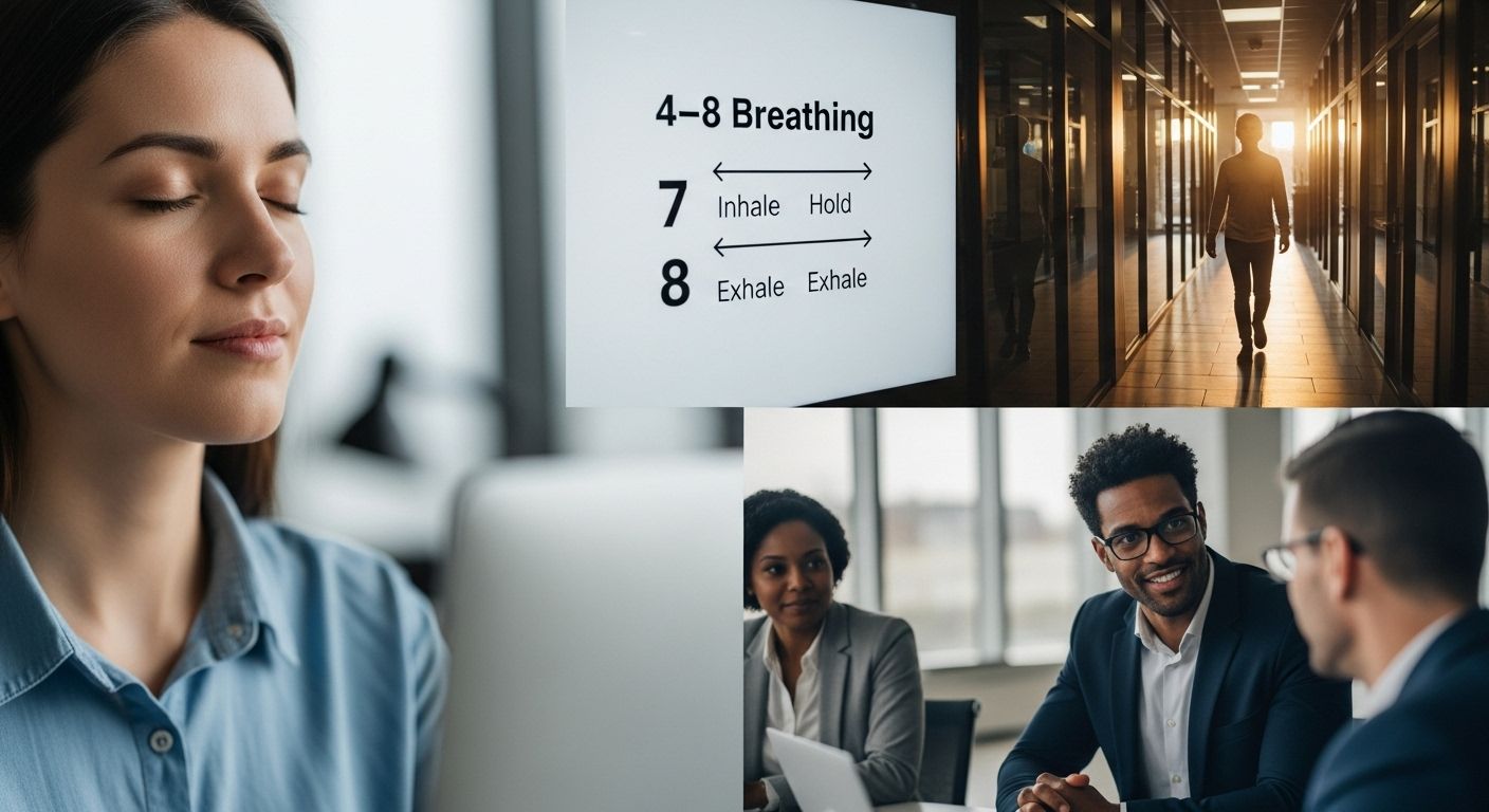 Un collage de cuatro imágenes que ilustran las técnicas mencionadas. 1: Un primer plano de una persona en su escritorio con los ojos cerrados, practicando la pausa consciente. 2: Un gráfico simple mostrando la técnica de respiración 4-7-8. 3: Una persona caminando por un pasillo de oficina o un parque cercano con una expresión serena. 4: Un grupo de personas en una reunión, donde una de ellas escucha atentamente con contacto visual directo.