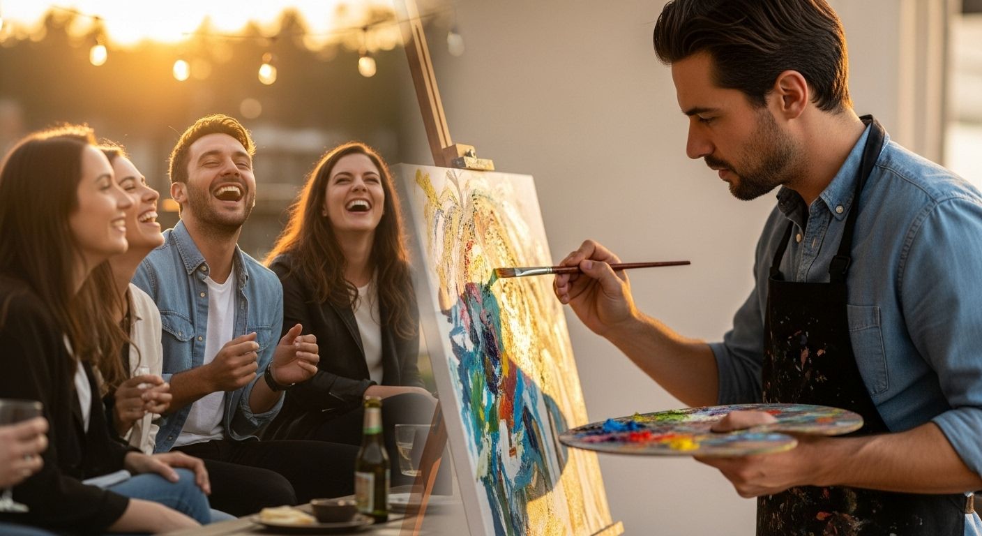 Un collage visual que representa las diferentes facetas de la abundancia: una persona riendo con amigos, alguien pintando con pasión, una comida saludable y colorida, y una persona practicando yoga en la naturaleza.