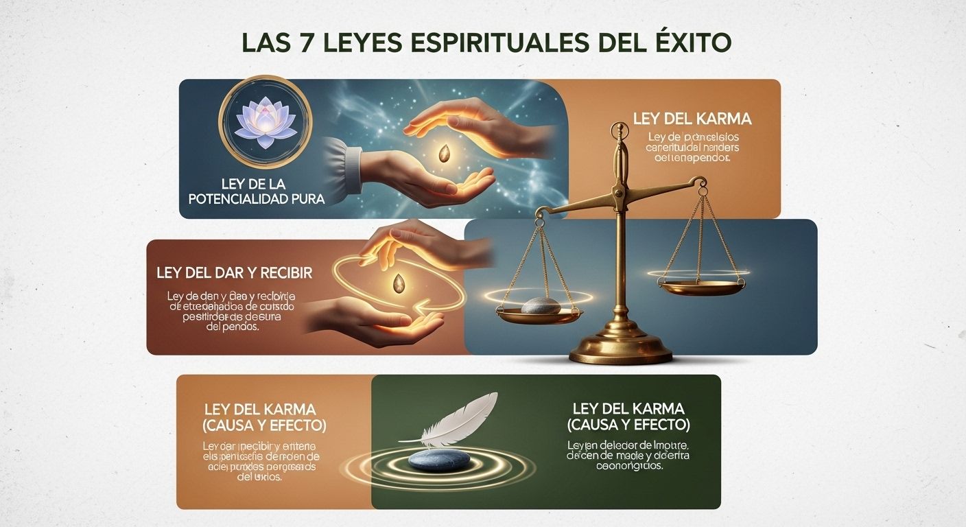 Una infografía atractiva y clara que resume las 7 Leyes Espirituales del Éxito con un ícono representativo para cada una.