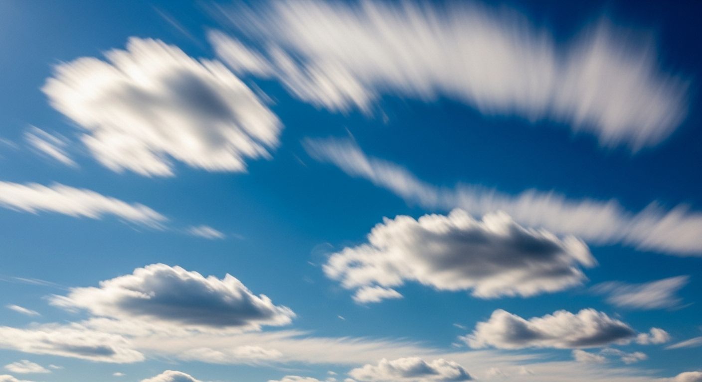 Una imagen de lapso de tiempo de nubes moviéndose rápidamente a través de un cielo azul. El movimiento fluido y cambiante de las nubes ilustra la naturaleza impermanente de los pensamientos y las formaciones mentales.