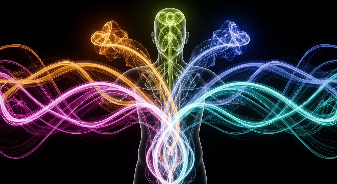 Una ilustración conceptual que muestra cinco corrientes de luz de diferentes colores (representando los cinco agregados) entrelazándose y fluyendo juntas para formar una silueta humana translúcida, destacando que el 'yo' es una composición de procesos cambiantes.