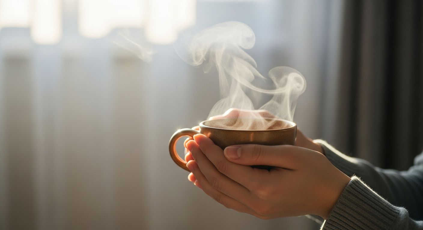 Una vista en primera persona de unas manos sosteniendo una taza de té caliente, con el vapor ascendiendo y disipándose en el aire. La imagen evoca una sensación de mindfulness y la naturaleza efímera del momento presente.
