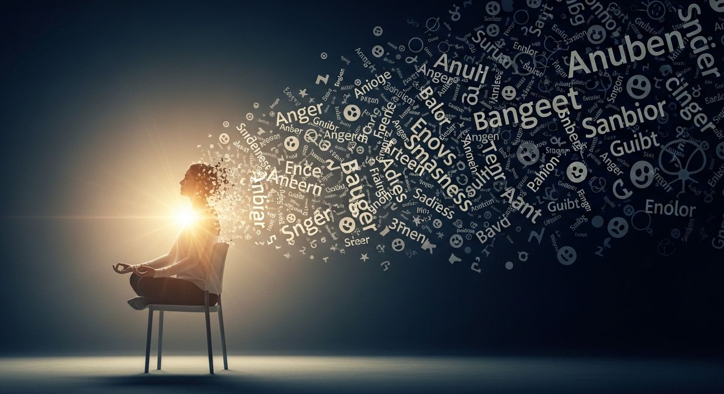 Una persona sentada en una silla con los ojos cerrados, meditando. A su alrededor, un torbellino de palabras y símbolos negativos (ira, miedo, tristeza, culpa) se disuelve gradualmente en una luz serena que emana de la persona, simbolizando la disolución a través de la presencia.