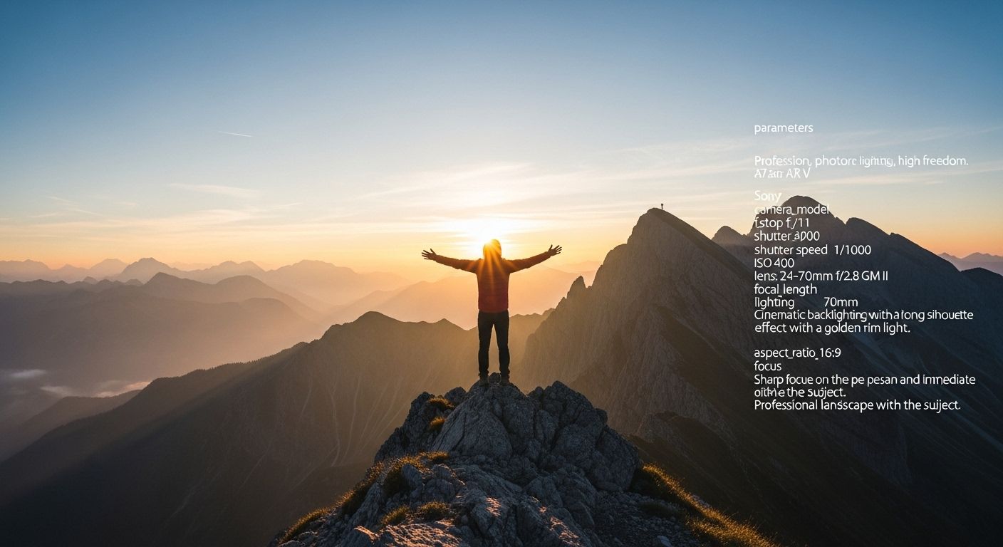 Una persona de pie en la cima de una montaña al amanecer, con los brazos abiertos. La energía oscura de la imagen anterior ha desaparecido por completo, y la silueta ahora está llena de una luz dorada y cálida, irradiando paz y libertad.