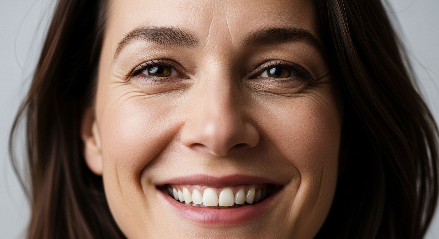 Un primer plano de un rostro sereno y sonriente, con arrugas de expresión que denotan sabiduría y alegría. Los ojos reflejan una profunda paz interior. El fondo es suave y desenfocado, centrando toda la atención en la expresión de libertad emocional.