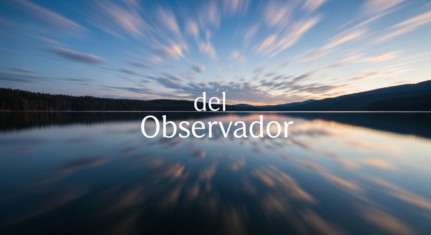 Una imagen abstracta y pacífica que visualiza el concepto del Observador. Podría ser un lago perfectamente calmado y cristalino, reflejando un cielo lleno de nubes en movimiento. La quietud del lago representa al Observador, mientras que las nubes reflejadas son los pensamientos pasajeros.