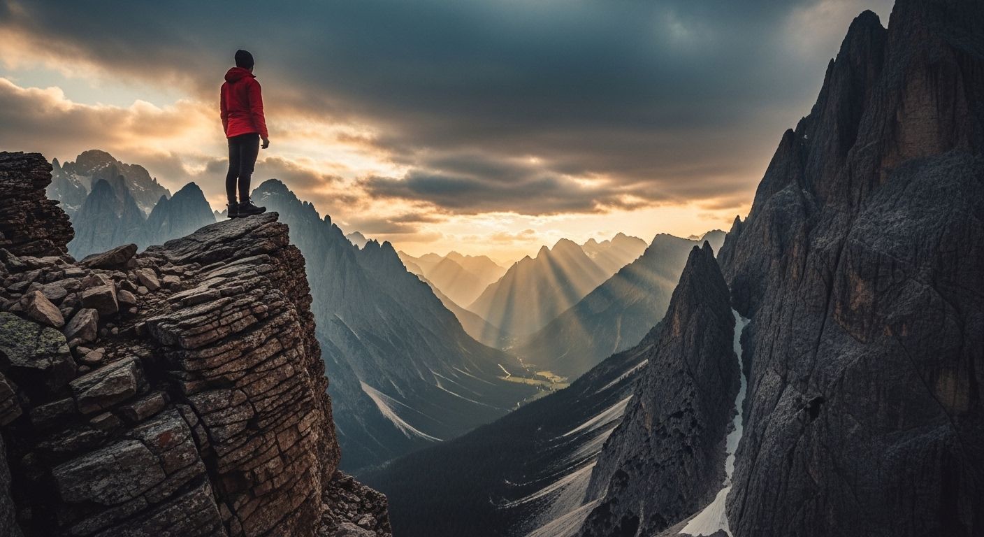 Una persona de pie en la cima de una montaña, mirando un vasto paisaje de valles y picos. La persona está tranquila y centrada, mientras que el paisaje representa el flujo de la vida y los pensamientos. La imagen evoca una sensación de perspectiva, claridad y paz obtenida al elevarse por encima del ruido mental.