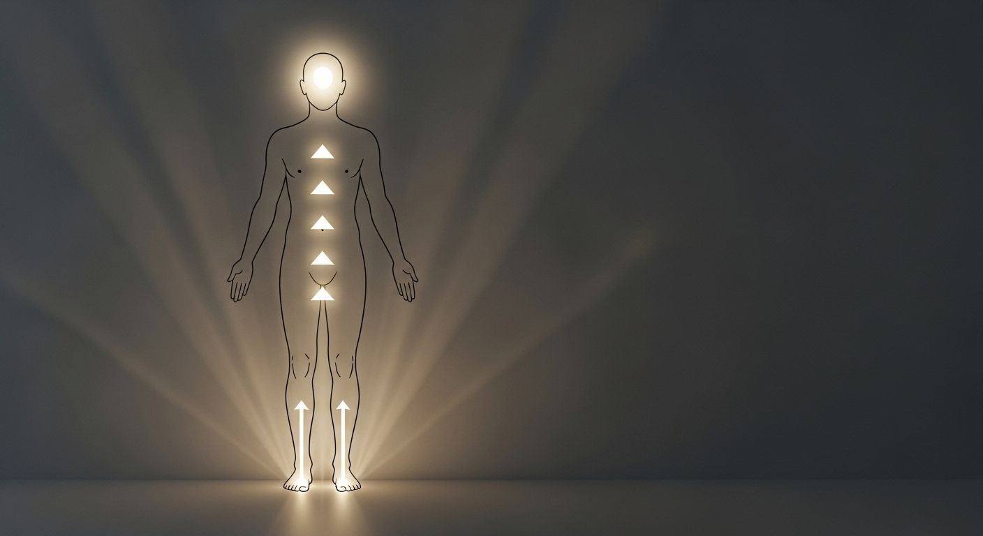 Un infográfico minimalista que muestra la progresión del escaneo corporal. Utiliza un contorno simple de un cuerpo humano con flechas que apuntan desde los pies hacia arriba, pasando por las piernas, el torso, los brazos y terminando en la cabeza. Cada sección podría estar resaltada secuencialmente.