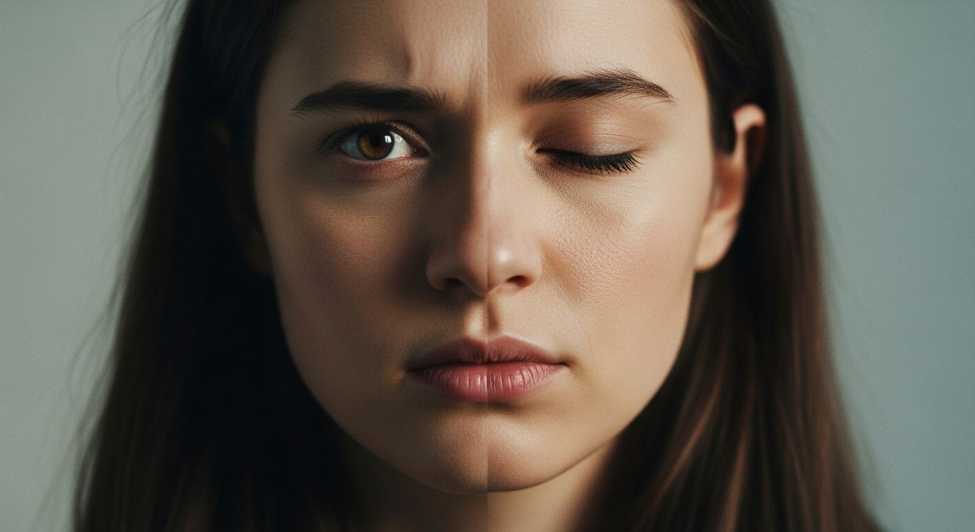 Un primer plano fotorrealista del rostro de una persona que pasa de una expresión tensa y preocupada en un lado a una expresión tranquila y relajada en el otro. La iluminación es suave y natural.
