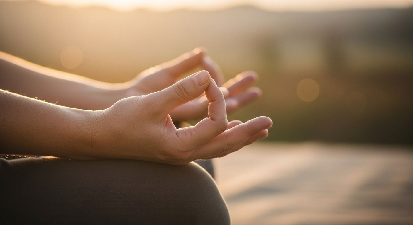 Una vista en primer plano de las manos de una persona descansando suavemente sobre sus rodillas en una postura de meditación. La iluminación es suave y cálida, enfocándose en la quietud y la estabilidad de las manos, sugiriendo una base de calma y control.