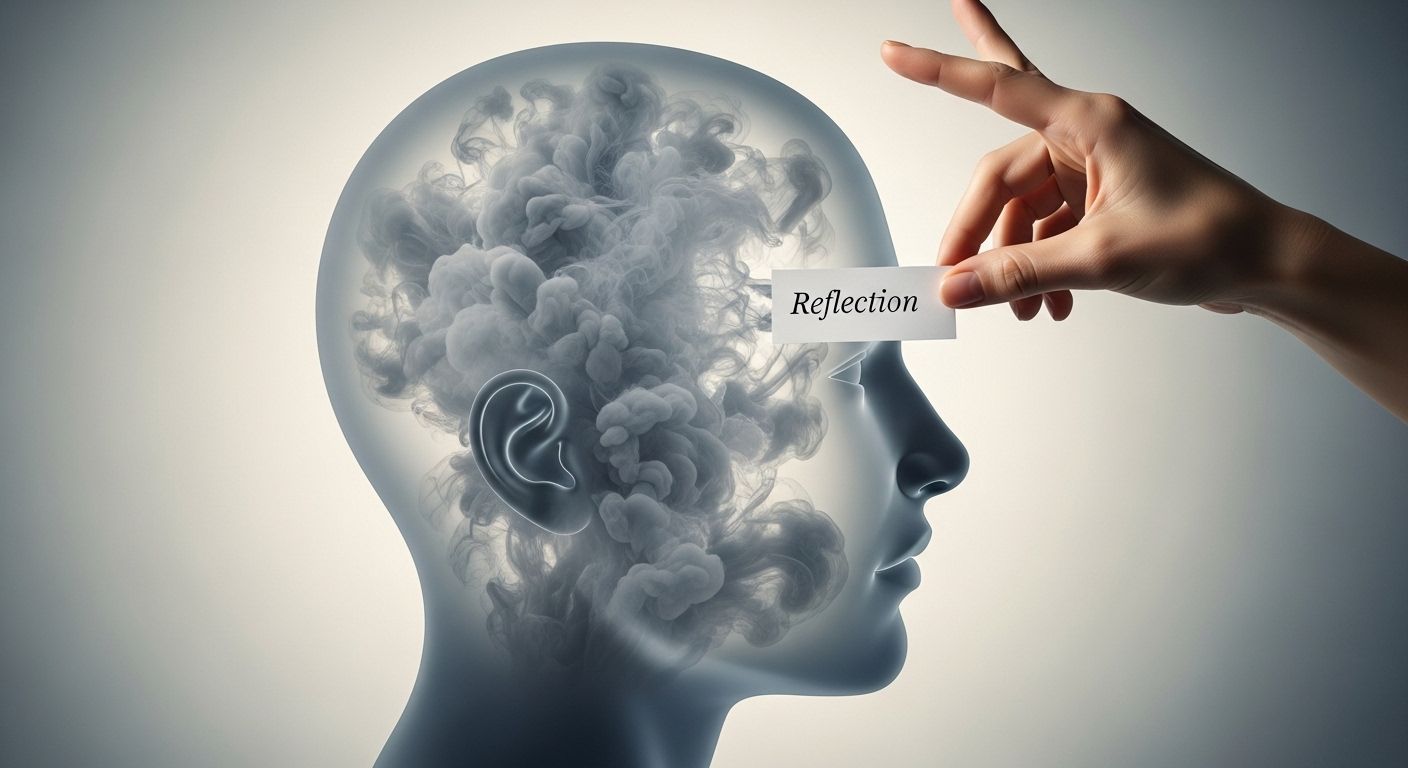 Una imagen conceptual que muestra una silueta de una cabeza humana. Dentro de la cabeza, en lugar de un cerebro, hay una nube de tormenta oscura y agitada. Una mano serena entra en la imagen y coloca una etiqueta de papel tranquila que dice "IRA" sobre la nube, y al hacerlo, la nube comienza a disiparse ligeramente.