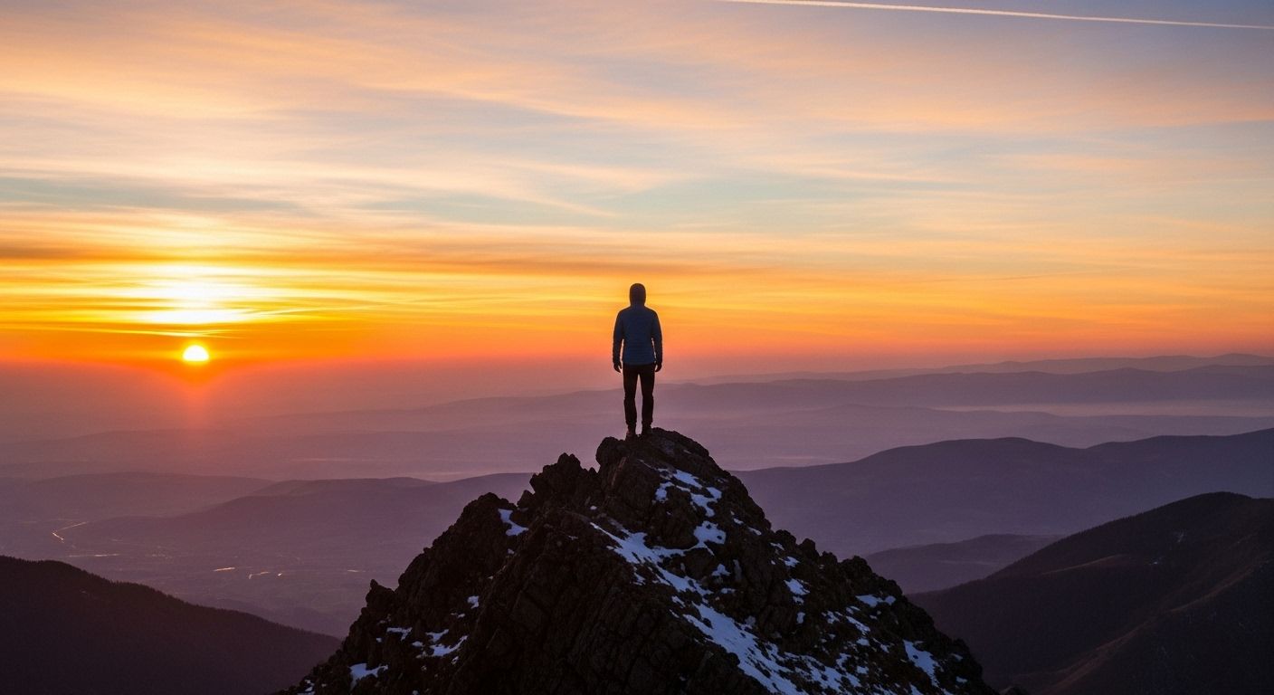 Una persona de espaldas, mirando un horizonte tranquilo al amanecer desde la cima de una montaña. La persona parece relajada y en paz, simbolizando el logro de la calma y una nueva perspectiva después de haber superado la tormenta interna de la ira.