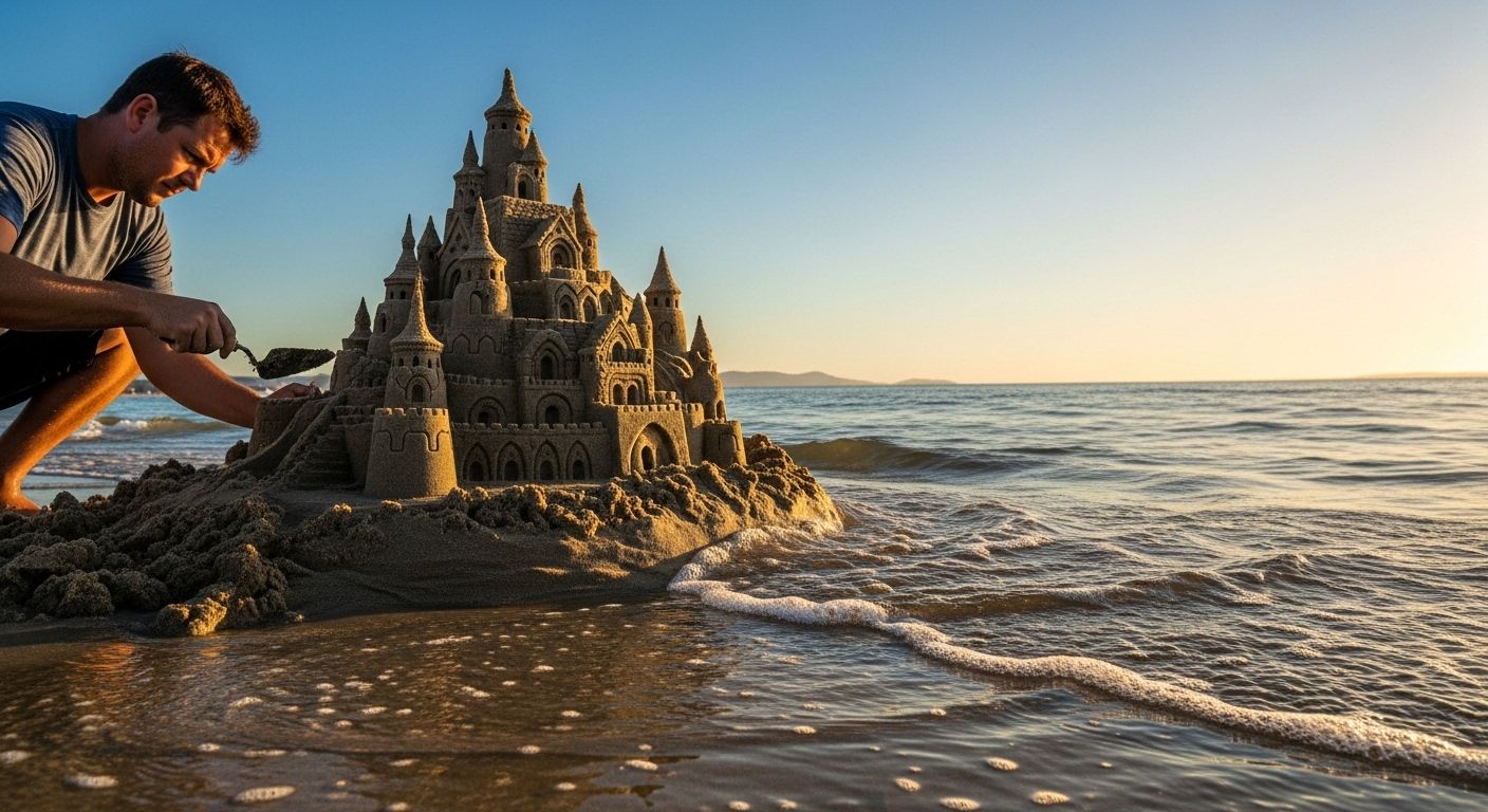 Una persona intentando construir un castillo de arena muy elaborado mientras una pequeña ola se acerca a la orilla, simbolizando la lucha contra el cambio inevitable.