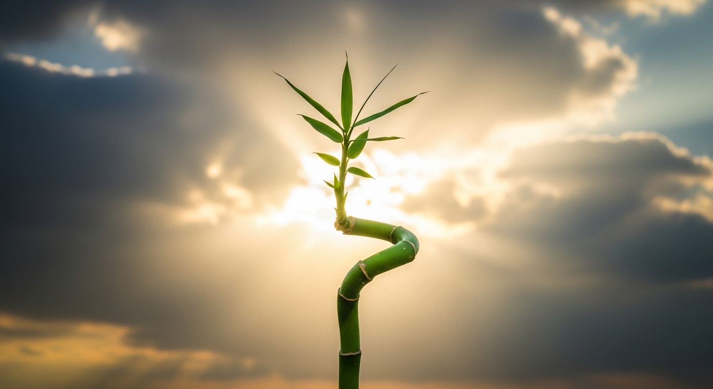 Un robusto tallo de bambú doblándose con gracia bajo un fuerte viento, con un fondo de cielo nublado pero con un rayo de sol asomando.