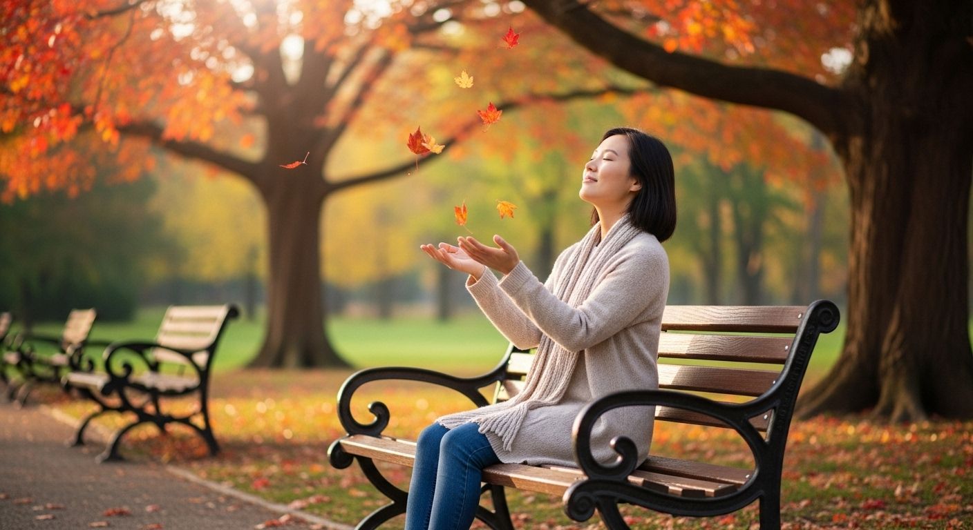 Una persona sentada en silencio en un banco de un parque, observando las hojas caer de los árboles. La expresión de la persona es de calma y contemplación, no de tristeza.