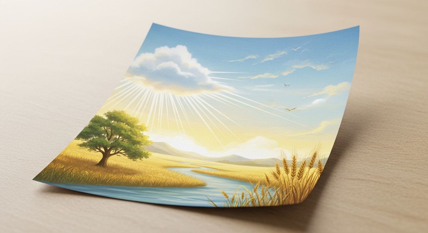 Una ilustración de estilo acuarela suave que muestra una hoja de papel en primer plano. Dentro de la textura del papel, se pueden ver sutilmente integrados los elementos de la metáfora: una nube, los rayos del sol, la silueta de un árbol, un campo de trigo y un río.