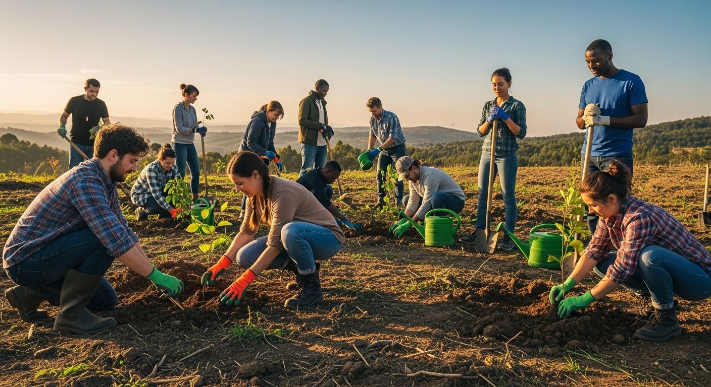 Una toma de gran angular de un diverso grupo de personas de diferentes edades y etnias trabajando juntas para plantar árboles en un paisaje que se está recuperando. La atmósfera es de cooperación, esperanza y conexión.