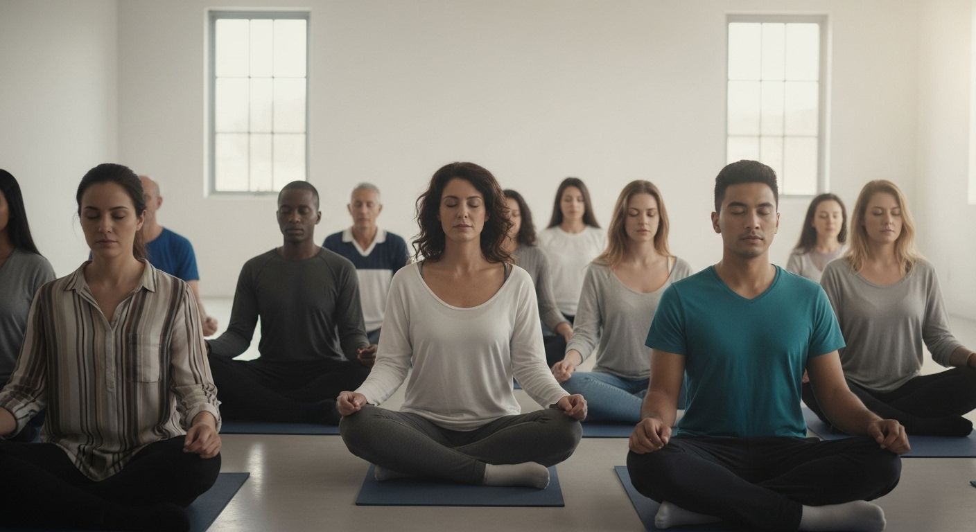 Un grupo diverso de personas de diferentes edades y etnias meditando pacíficamente en una sala minimalista y bien iluminada. Algunos están en cojines, otros en sillas, todos con posturas relajadas pero dignas.