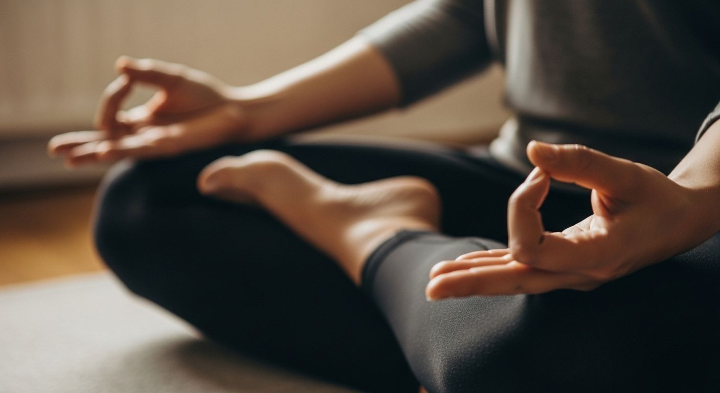 Un primer plano de las manos de una persona descansando suavemente en su regazo durante la meditación. La iluminación es suave y cálida, transmitiendo una sensación de paz y quietud.
