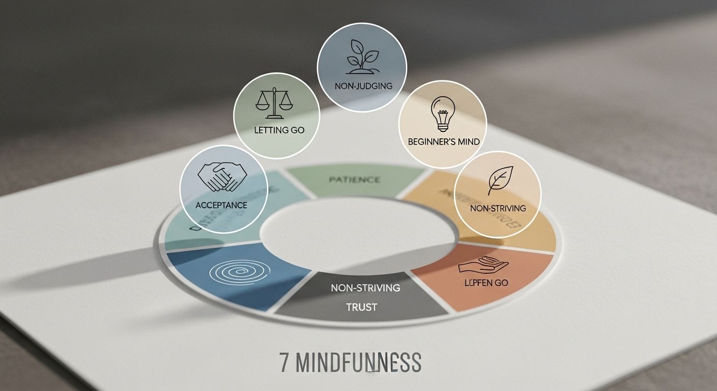 Una infografía limpia y moderna que muestra los 7 pilares o actitudes del mindfulness según Jon Kabat-Zinn. Cada pilar (No Juzgar, Paciencia, Mente de Principiante, etc.) tiene un ícono simple y una breve descripción. El diseño es circular, sugiriendo interconexión y equilibrio.