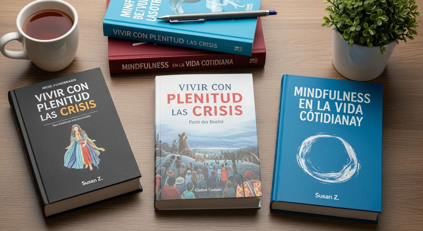 Una composición de varios libros importantes de Jon Kabat-Zinn, como "Vivir con plenitud las crisis" y "Mindfulness en la vida cotidiana". Los libros están dispuestos de forma artística sobre una superficie de madera natural, junto a una taza de té humeante y una pequeña planta, creando una atmósfera de estudio y calma.