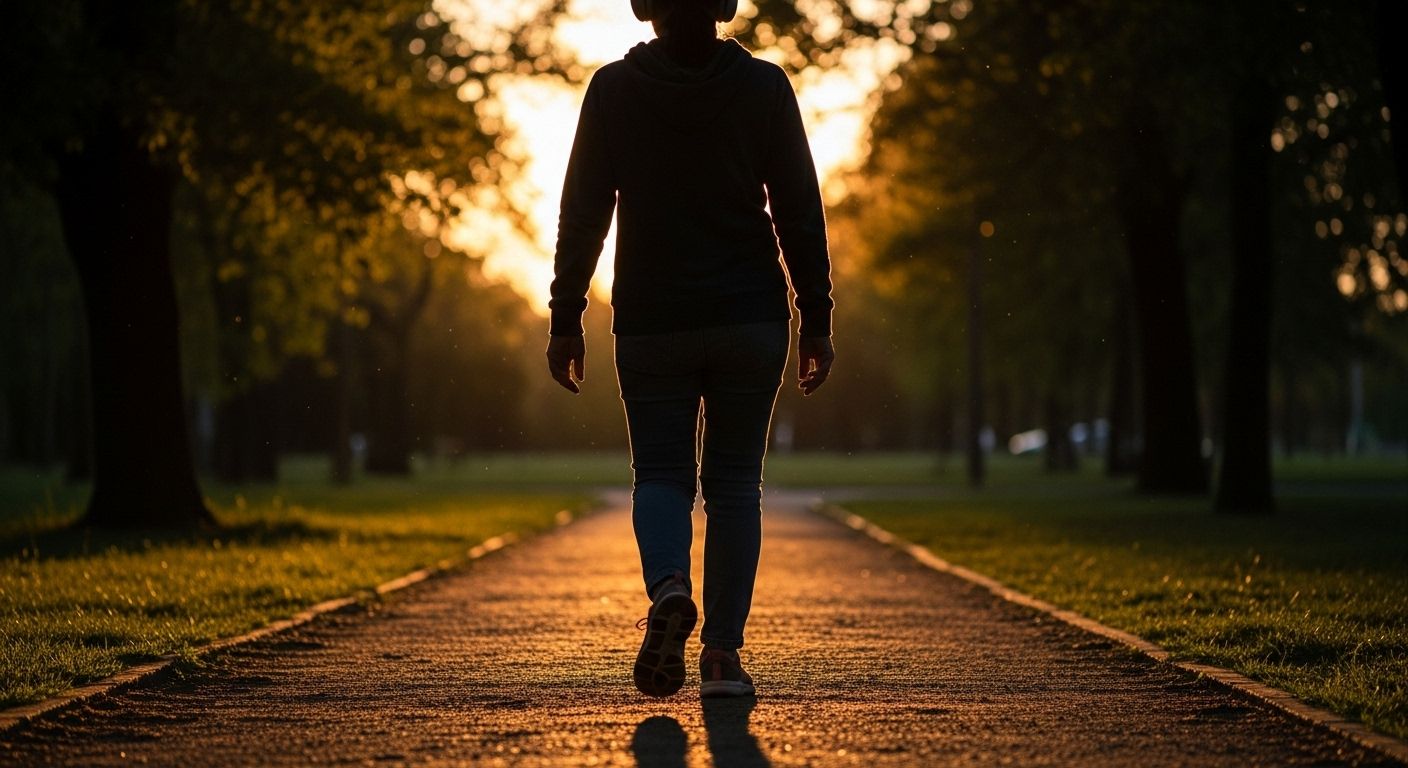 Una toma de ángulo bajo desde atrás de una persona caminando lentamente por un sendero de un parque de la ciudad al atardecer. La persona lleva ropa informal y auriculares. El sol poniente proyecta largas sombras y baña la escena en una luz cálida y dorada. El enfoque está en el movimiento rítmico de sus piernas.