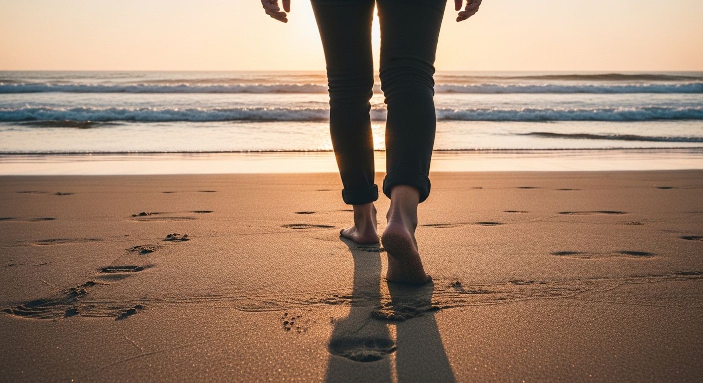 Una vista en primera persona de los pies de alguien caminando por una playa de arena al amanecer. Las olas suaves lamen la orilla, y las huellas quedan marcadas en la arena húmeda. La atmósfera es pacífica y solitaria.