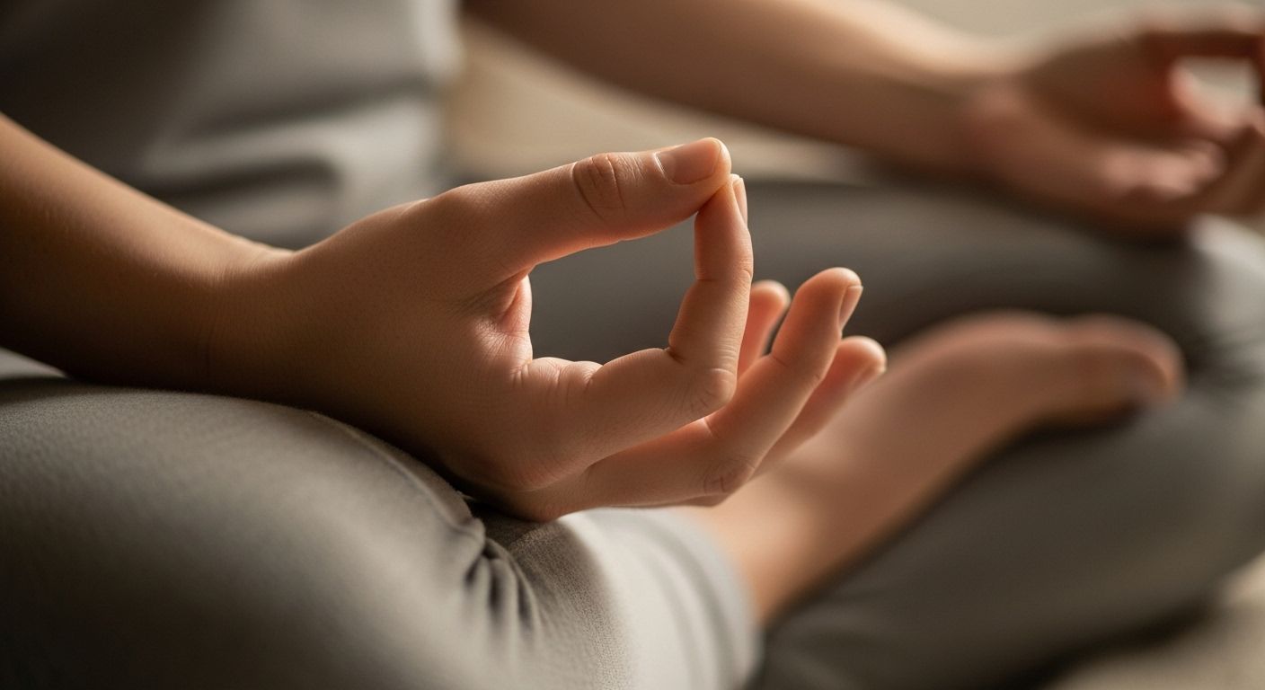 Un primer plano de las manos de una persona descansando suavemente sobre su regazo en una postura de meditación. La iluminación es suave y cálida, evocando una sensación de gentileza, aceptación y autocuidado.