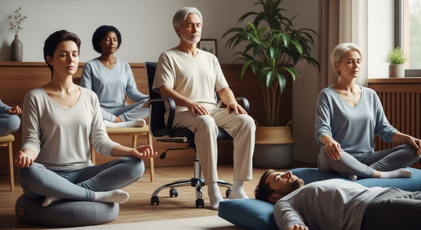 Una composición de varias personas de diferentes edades y etnias meditando en posturas diversas y cómodas. Una persona está sentada en un cojín de meditación, otra en una silla de oficina, y una tercera yace en el suelo con apoyo. El mensaje es de inclusión y adaptabilidad de la práctica.