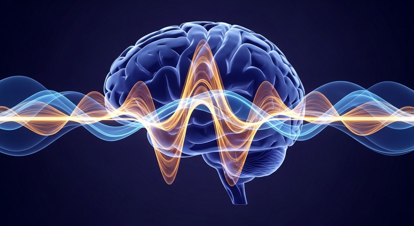 Una representación abstracta y visualmente atractiva de ondas cerebrales y sonoras. Líneas suaves y fluidas en tonos de azul y violeta podrían representar ondas cerebrales tranquilas, entrecruzándose con ondas doradas que simbolizan el efecto del mantra.
