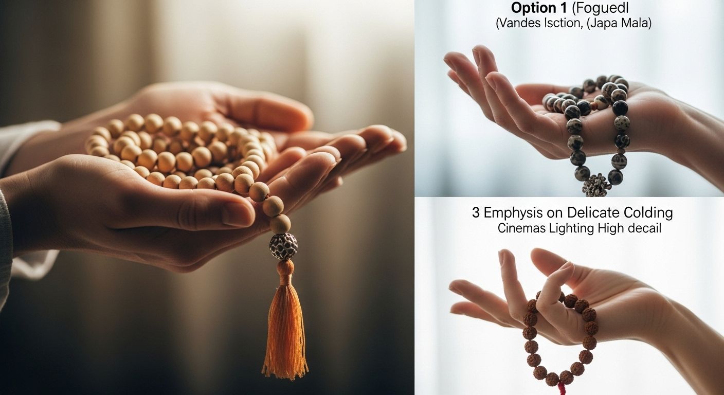 Un primer plano de las manos de una persona sosteniendo suavemente un Japa Mala (cuentas de meditación). El fondo es suave y ligeramente desenfocado, creando una sensación de calma y enfoque en la práctica.