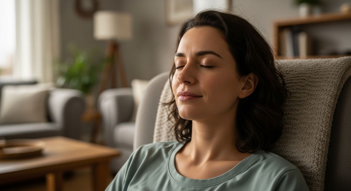 Un primer plano en enfoque suave de una persona sentada cómodamente en una silla con los ojos cerrados y una sutil sonrisa en el rostro. El fondo es una sala de estar cálida y acogedora, sugiriendo que la meditación se puede hacer en cualquier lugar. La iluminación es natural y suave.